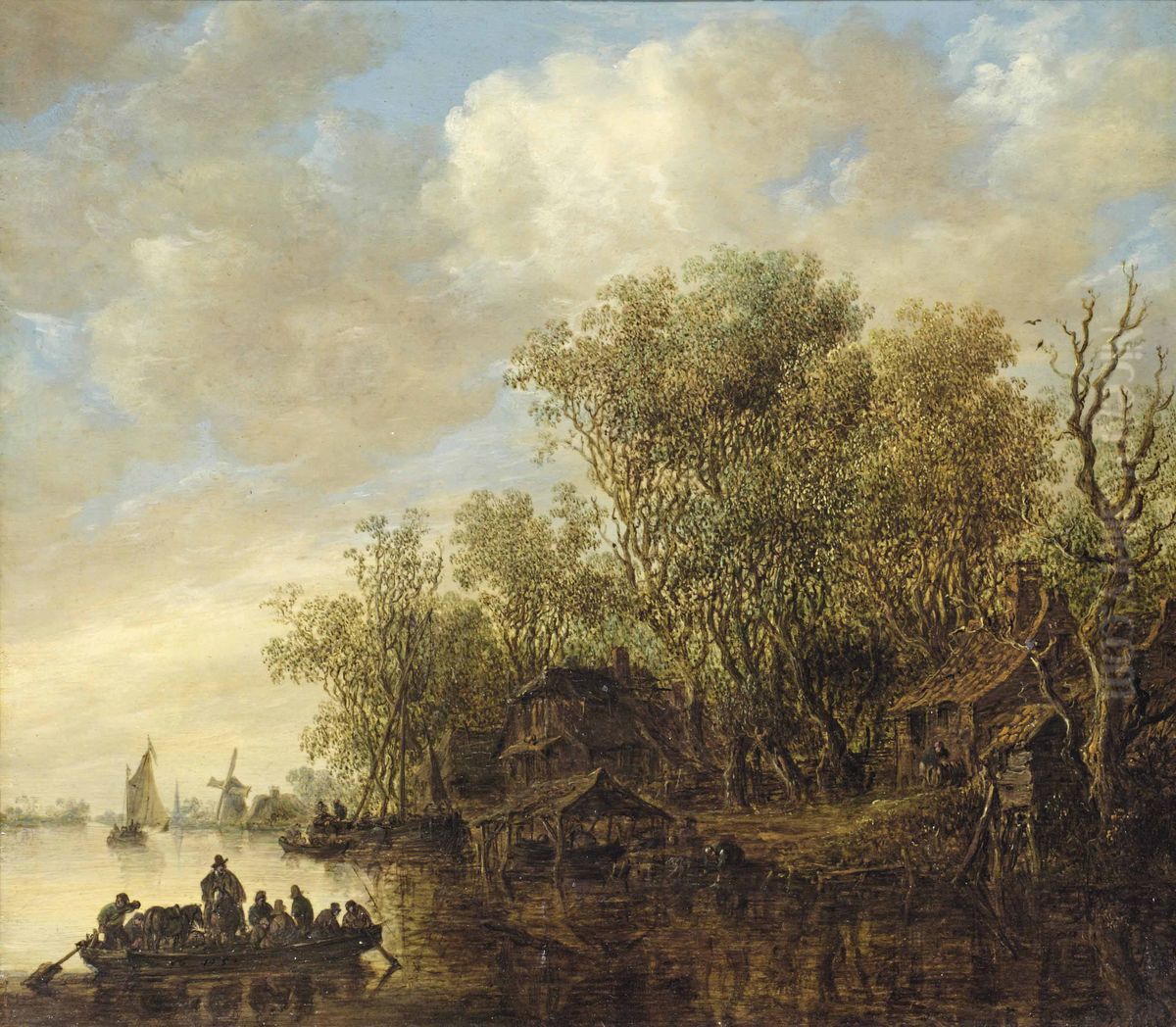 River landscape with a ferry boat Oil Painting by Jan van Goyen