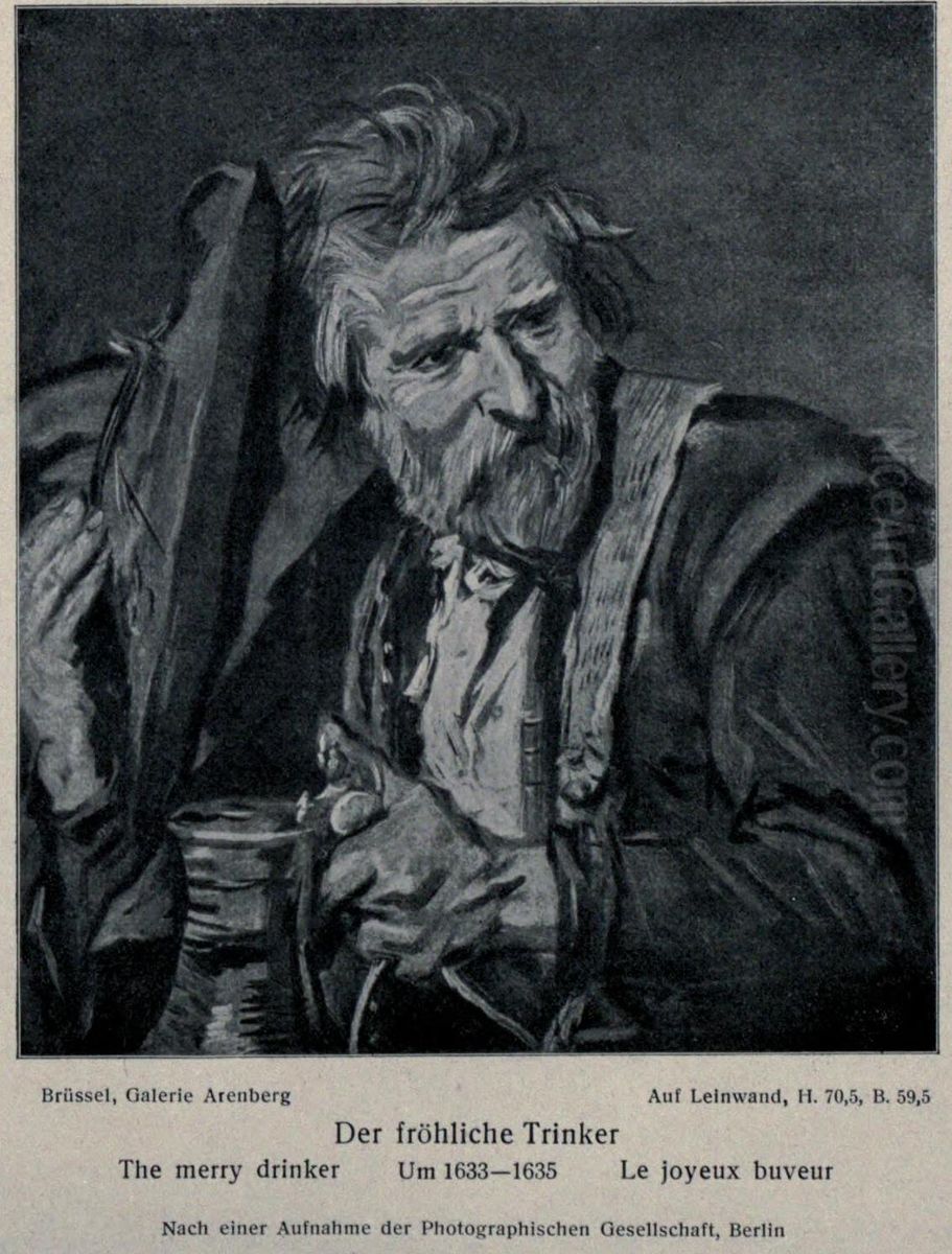 Laughing man holding a mug raising his hat Oil Painting by Frans Hals
