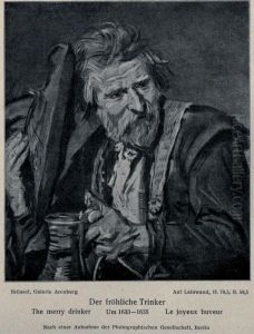 Laughing man holding a mug raising his hat