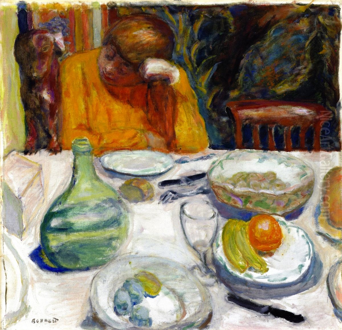 The Provencal Carafe, Marthe Bonnard and Her Dog Ubu Oil Painting by Pierre Bonnard