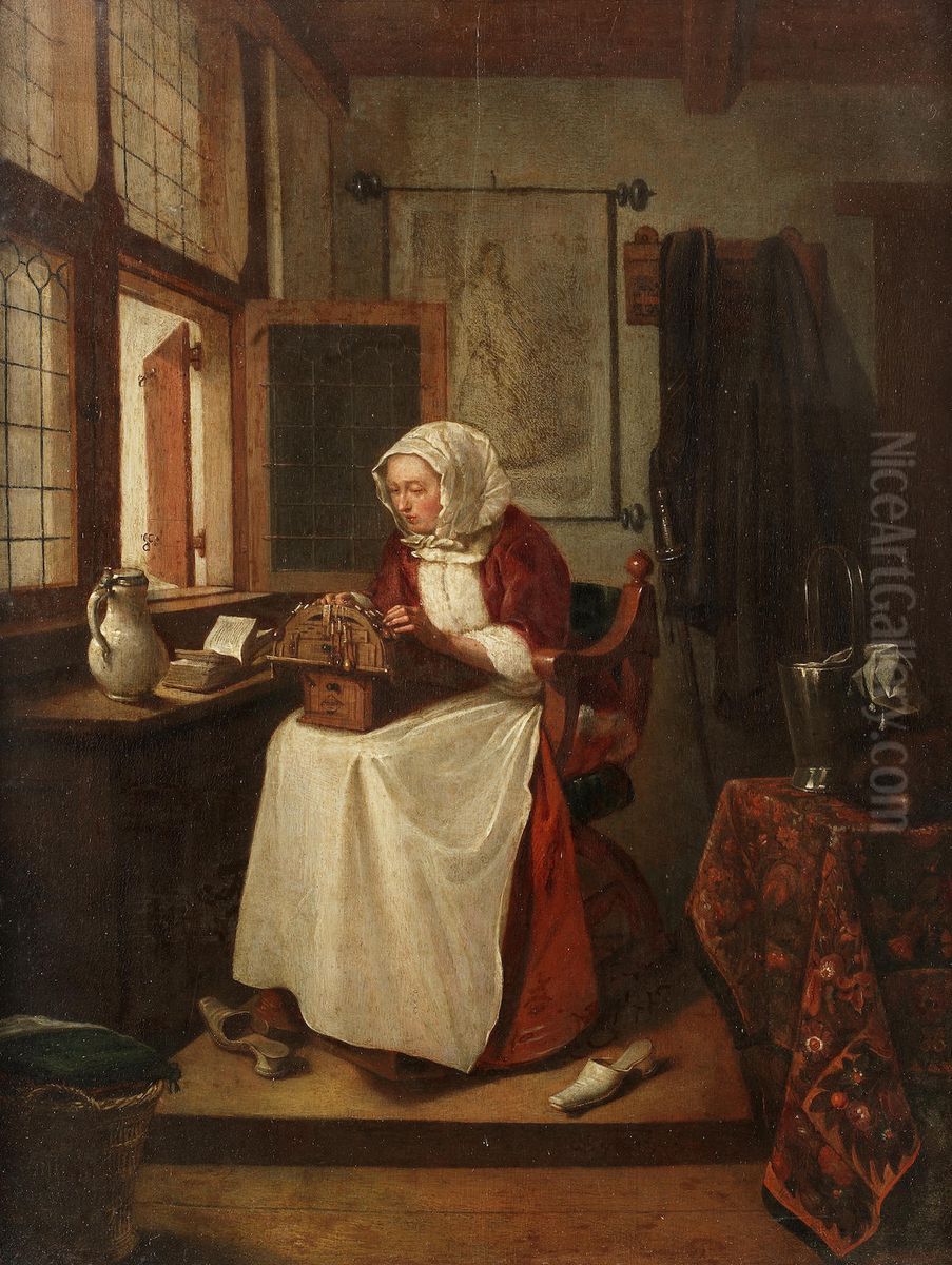 Woman seated by a window, making lace Oil Painting by Quirijn van Brekelenkam