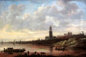 View of Rhenen with a Loaded Ferry