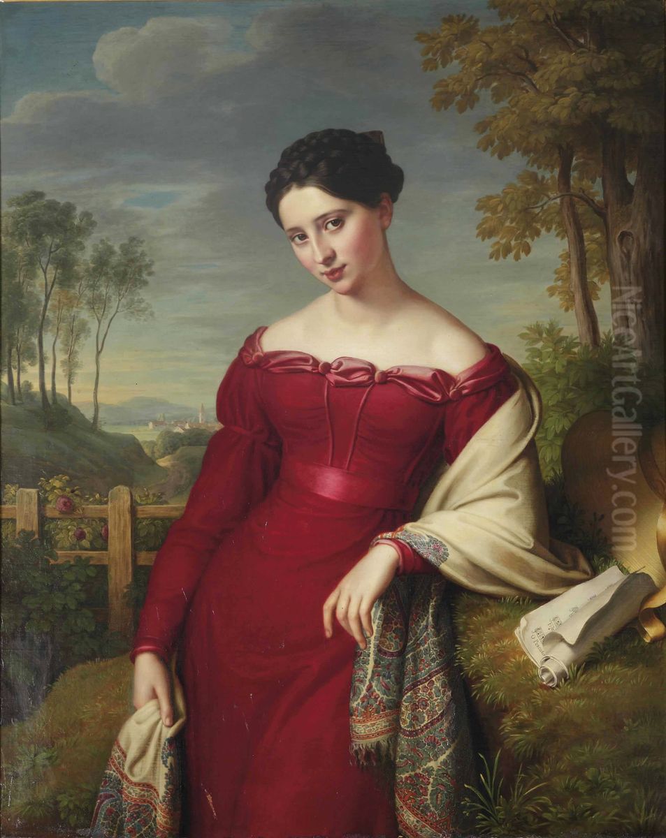 Potrait of a young elegant lady, three-quarter length, in a red dress with an embroidered shawl, standing in a landscape Oil Painting by Eduard Friedrich Leybold