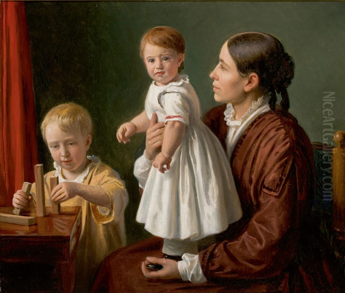 Interior with Georgia Skovgaard and her sons Joakim and Niels. Oil Painting by Constantin Hansen