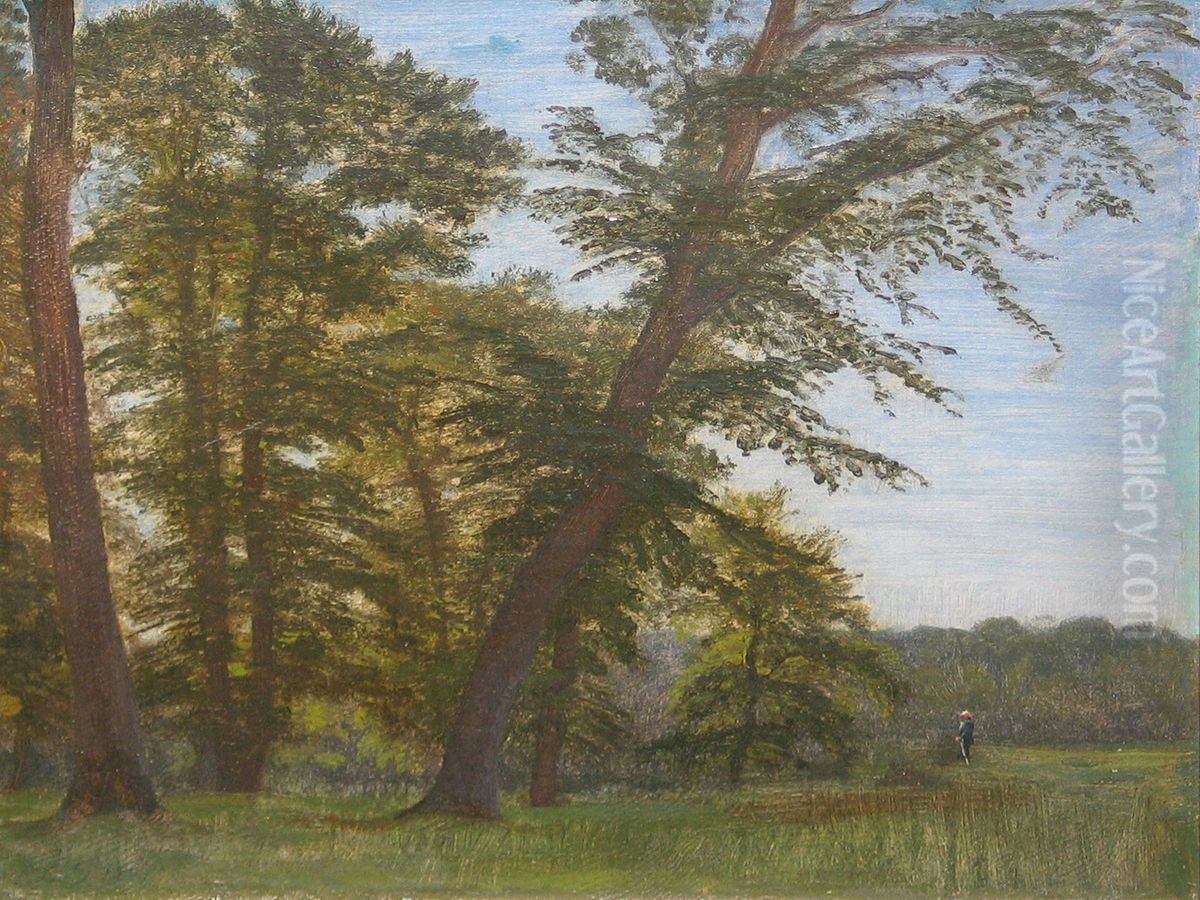 Person standing at the edge of a forest. Oil Painting by P. C. Skovgaard