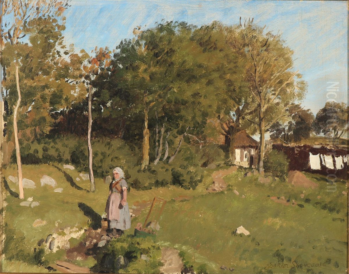 Landscape with a peasant girl in the garden, in the background clothesline with laundry Oil Painting by Joakim Skovgaard