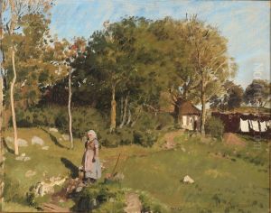 Landscape with a peasant girl in the garden, in the background clothesline with laundry