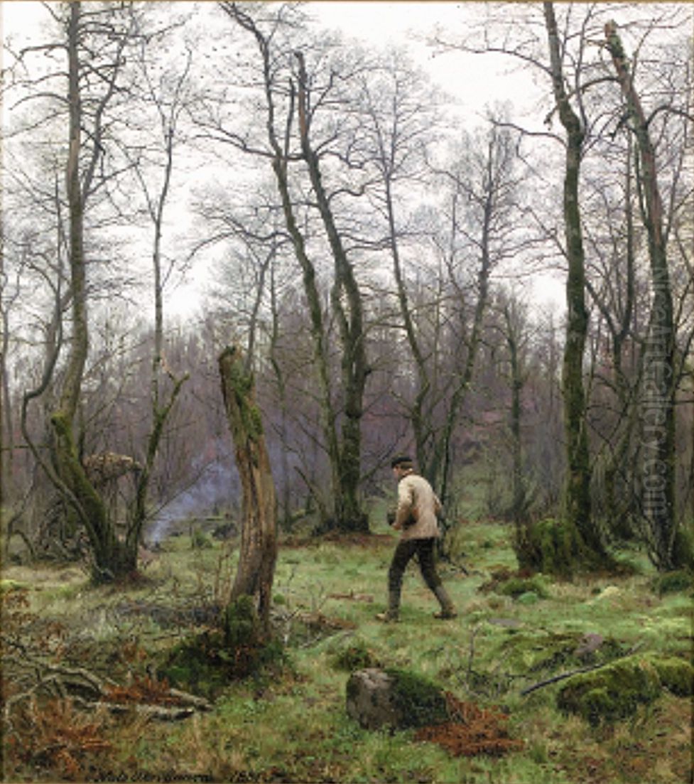En traeskomager i Ellemose. Oil Painting by Niels Skovgaard