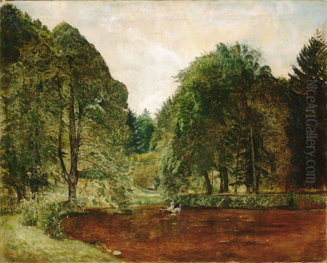 A lake in the woods with swans. Oil Painting by P. C. Skovgaard