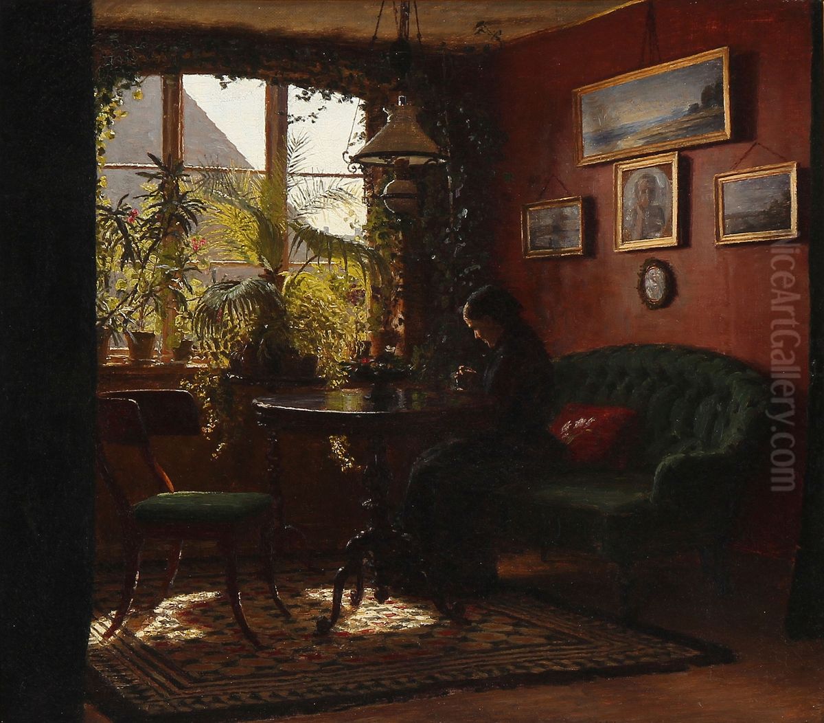 Madam Suzette Mariboe, nee Dalgas, in her living room in Frederiksgade Oil Painting by unknown