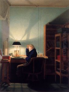 Man reading by lamplight