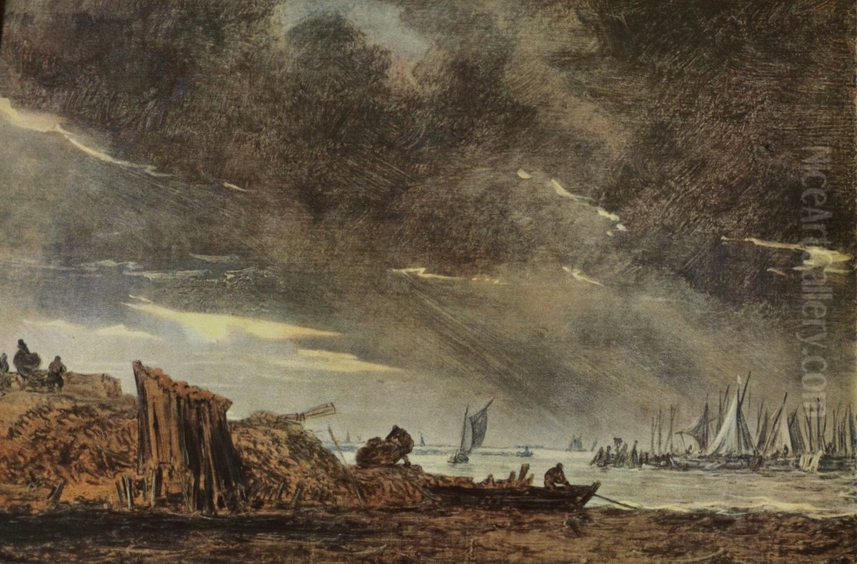 Storm over a Fishing Harbour Oil Painting by Jan van Goyen