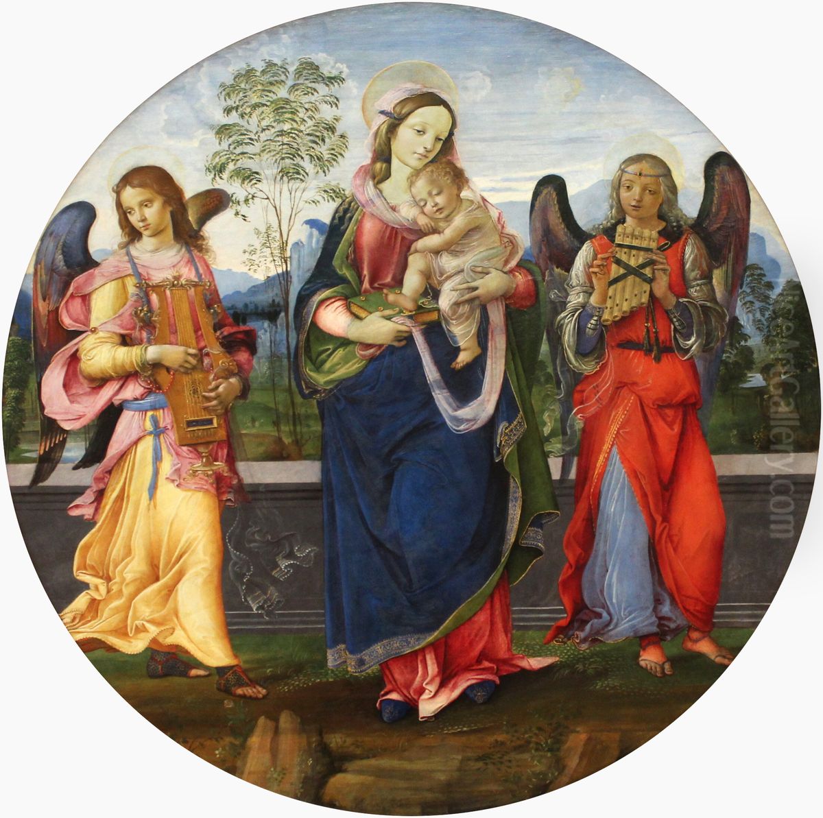 Madonna and Child with two angels playing music Oil Painting by Raffaellino del Garbo