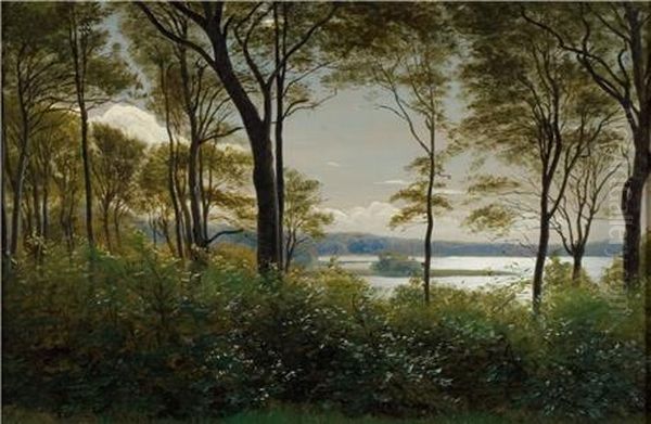 Udsigt mellem traeer ved Skarrit So Oil Painting by unknown