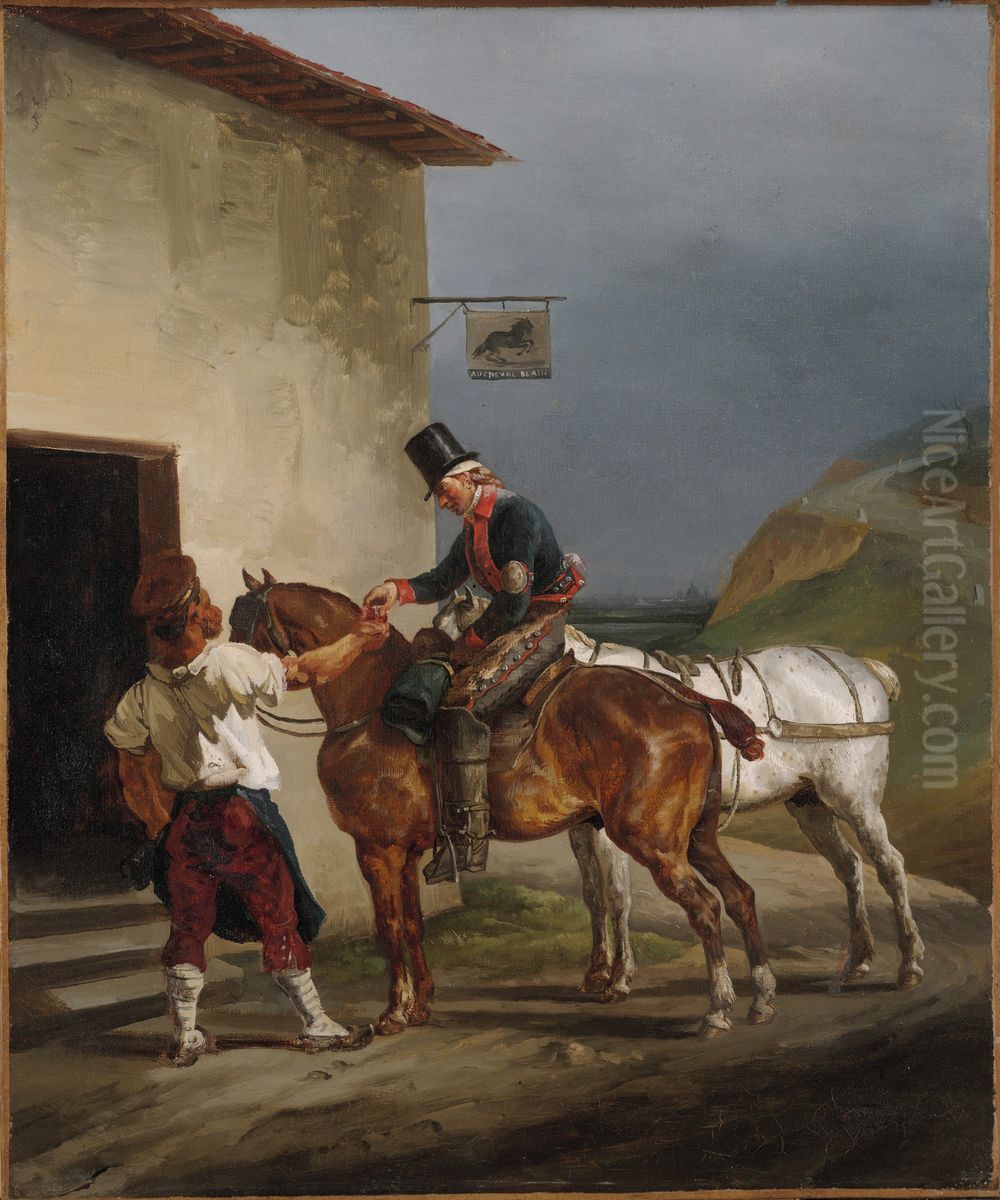 Postillion at the Door of an Inn/Dispatch Rider Oil Painting by Theodore Gericault