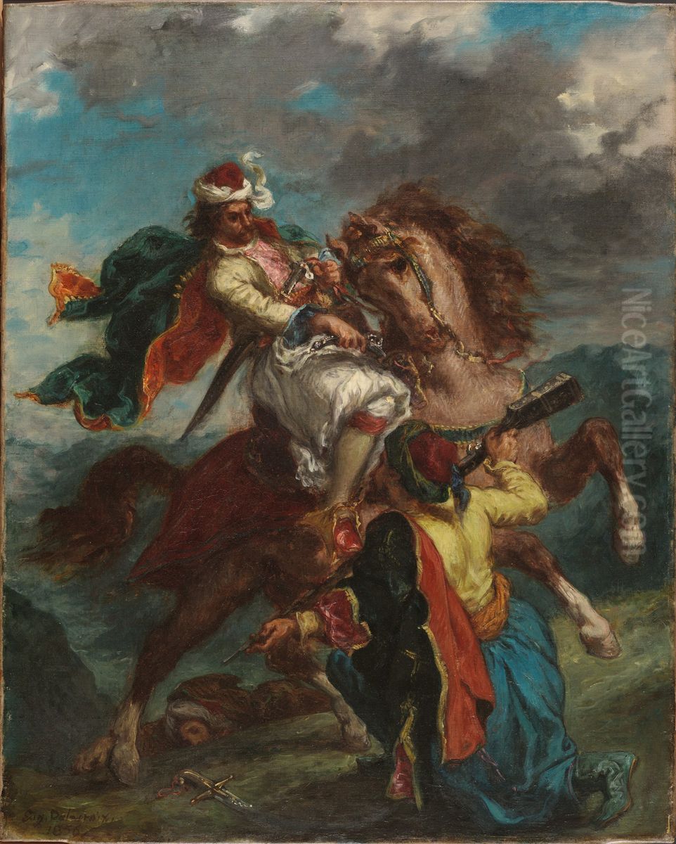 A Turk Surrenders to a Greek Horseman Oil Painting by Eugene Delacroix
