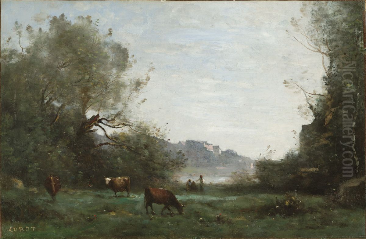 Cattle at Pasture in a Wooded Valley Oil Painting by Jean-Baptiste Camille Corot