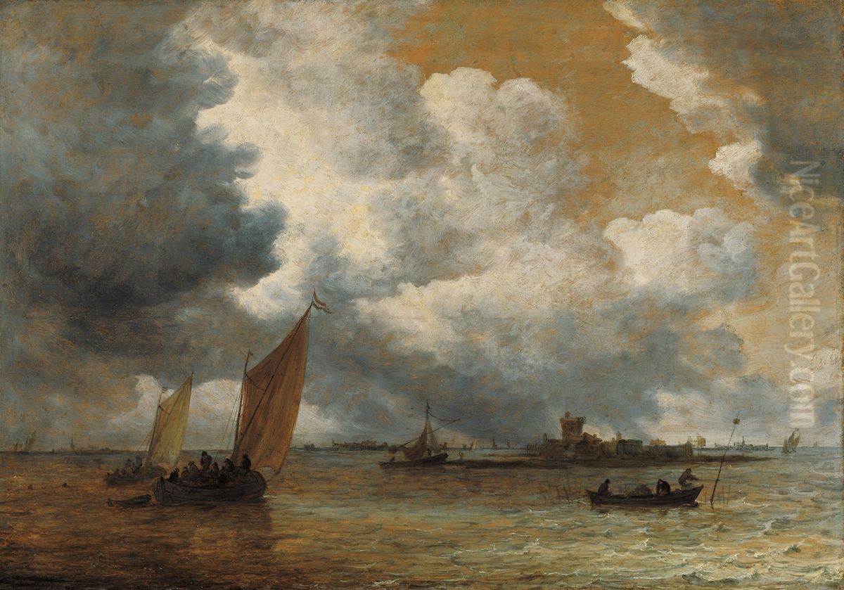 River Landscape with Sailboats Oil Painting by Jan van Goyen
