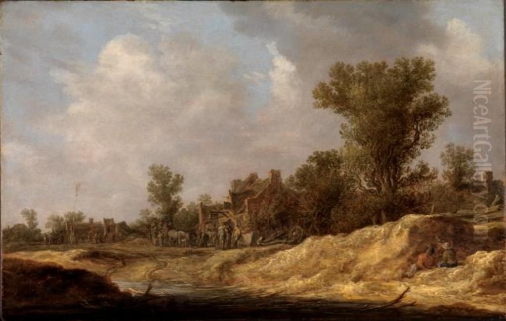 Landscape with peasants resting Oil Painting by Jan van Goyen