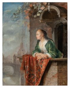 Young lady on a balcony, in the background the Blauwpoort in Leiden