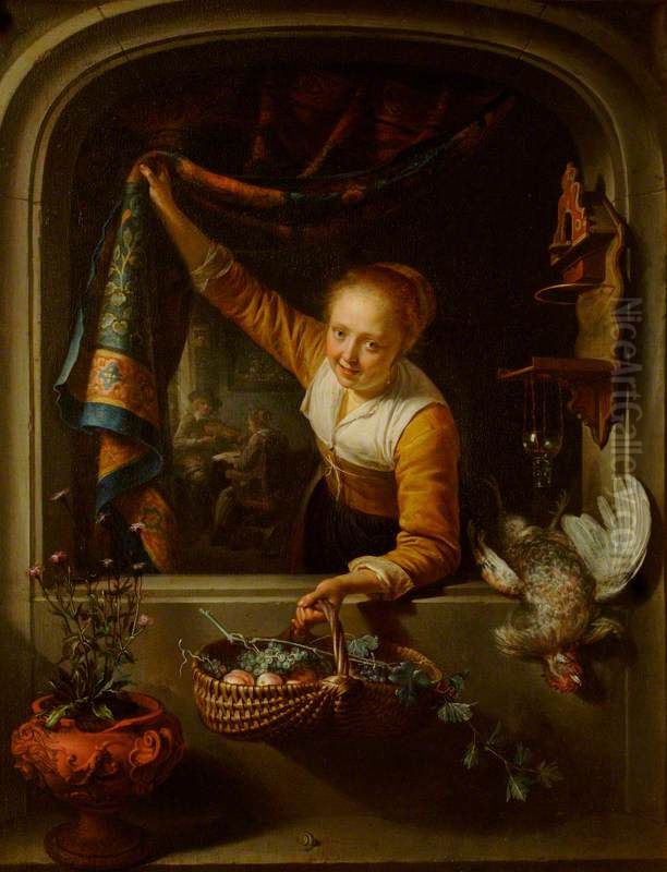 Young woman with a basket of fruit in a window Oil Painting by Gerrit Dou