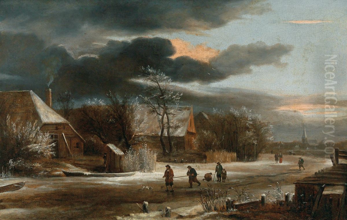 Winterlandschap met schaatsers bij een dorp Oil Painting by Jacob Van Ruisdael