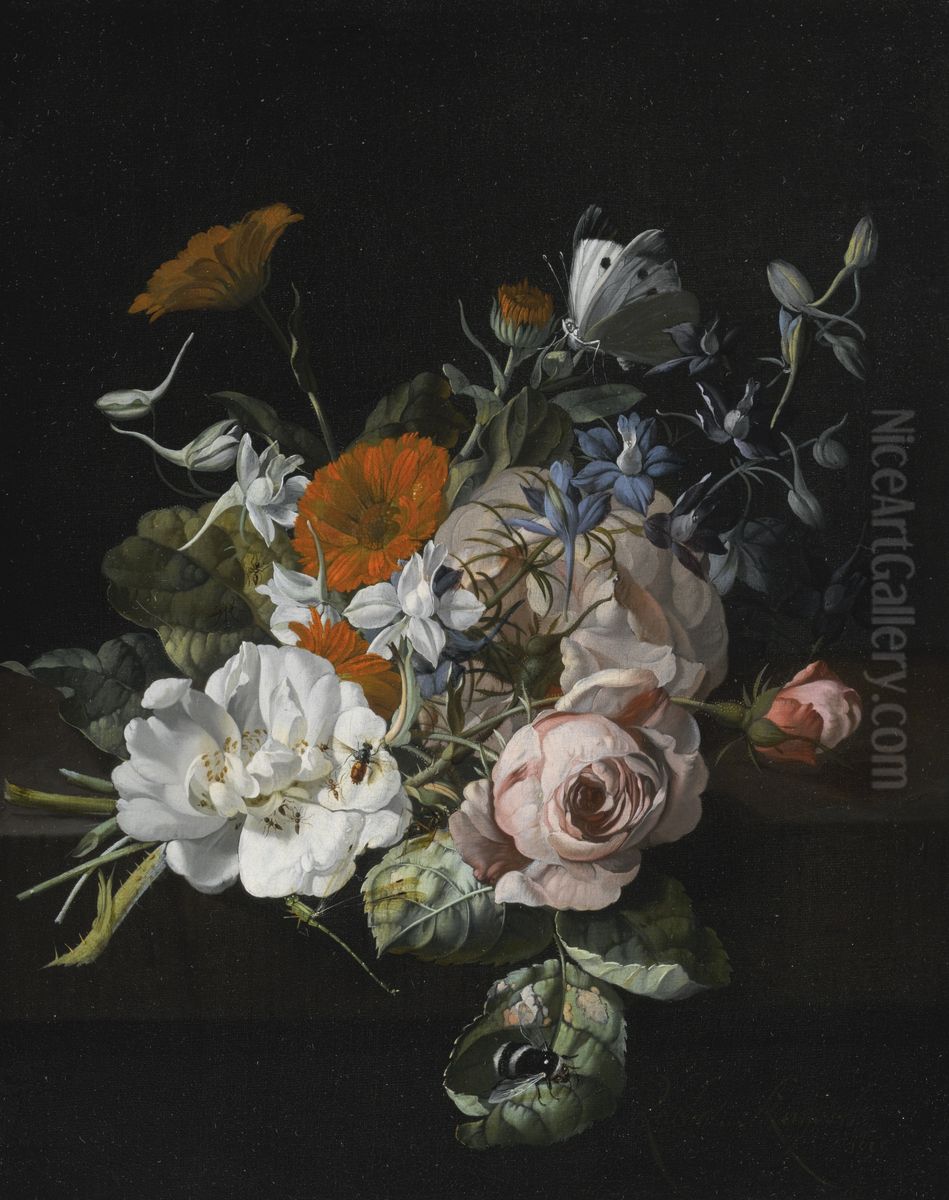 Posy of roses, marigolds, and larkspur, with insects and bumblebee Oil Painting by Rachel Ruysch