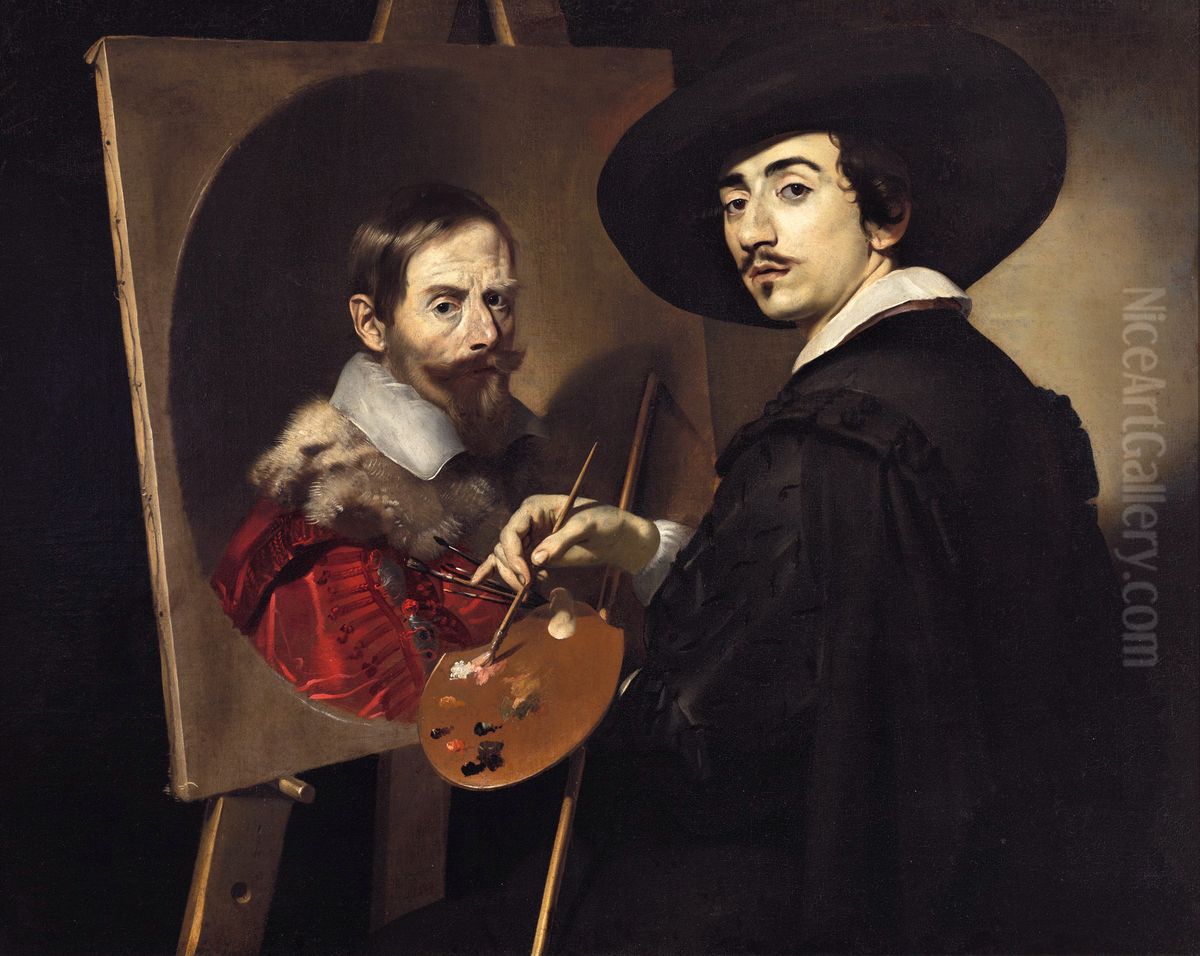 Self-Portrait with an Easel Oil Painting by Nicolas Regnier