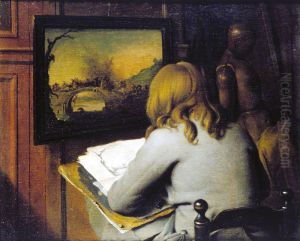 Young draughtsman copying a painting in a studio