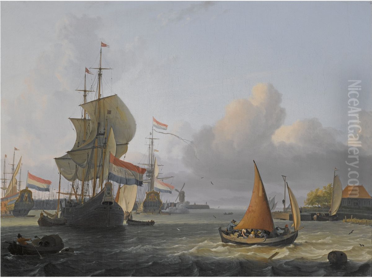 Shipping on the IJ, with Amsterdam mill De Bok on the bulwark Leeuwenburg (also called Blauwhoofd) in the middle, and the Toll house at the right Oil Painting by Ludolf Bakhuizen