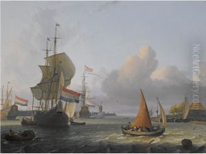 Shipping on the IJ, with Amsterdam mill De Bok on the bulwark Leeuwenburg (also called Blauwhoofd) in the middle, and the Toll house at the right