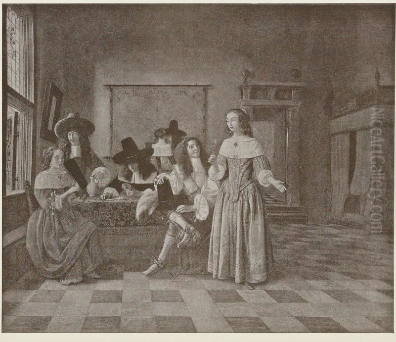 Elegant company playing cards Oil Painting by Pieter De Hooch