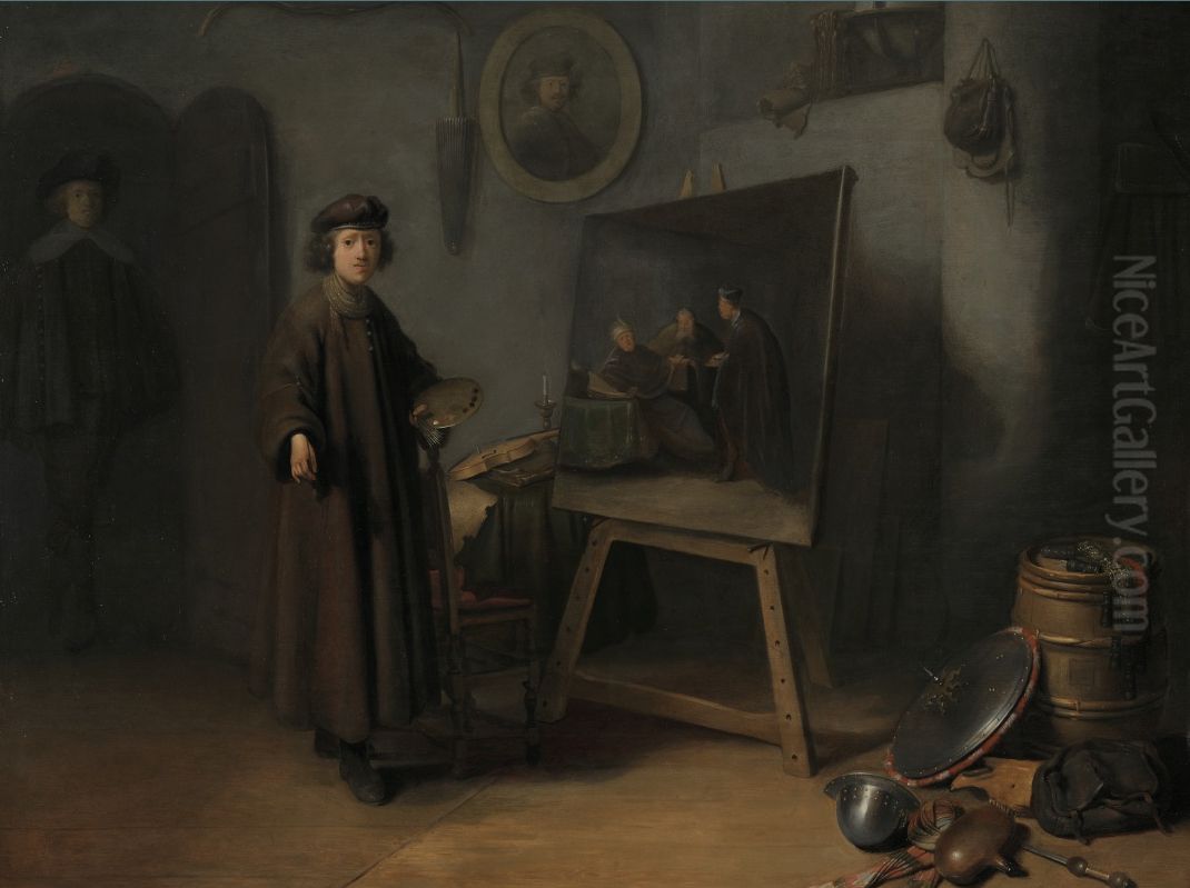 Rembrandt in his Studio Oil Painting by Gerrit Douor follower
