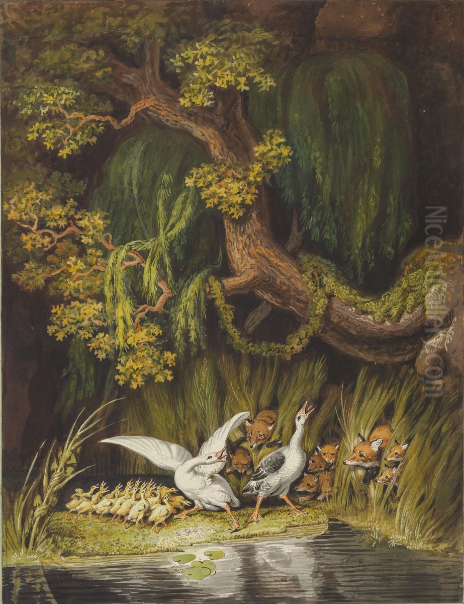 A goose and a gander with their goslings honking in alarm as two foxes with their cubs emerge from the rushes Oil Painting by Johann Heinrich Wilhelm Tischbein I