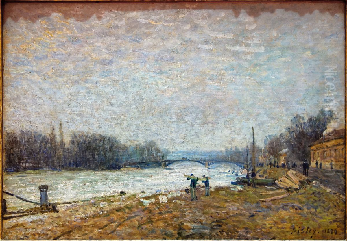 Apres la debacle, la Seine au pont de Suresnes. Oil Painting by Alfred Sisley