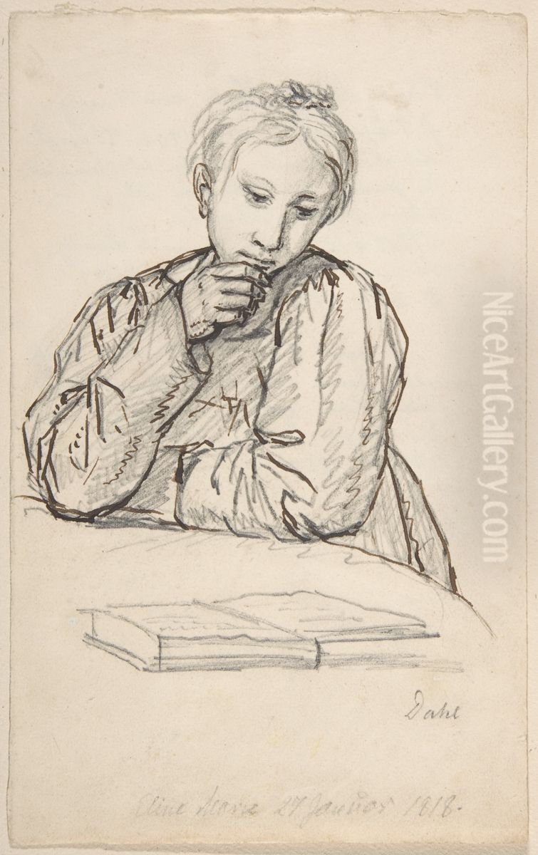 Portrait of Eline Marie Heger as a Child, Leaning on a Table, Looking at a Book Oil Painting by Johan Wilhelm Ludwig Dahl