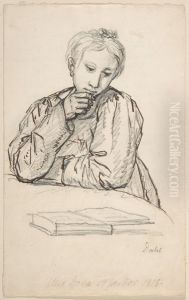 Portrait of Eline Marie Heger as a Child, Leaning on a Table, Looking at a Book