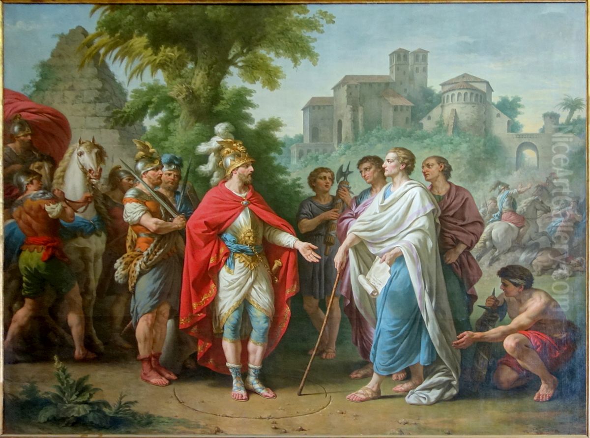 Popilius envoye en ambassade aupres d'Antiochus Epiphanes pour arreter le cours de ses ravages en Egypte Oil Painting by Louis-Jean-Francois Lagrenee