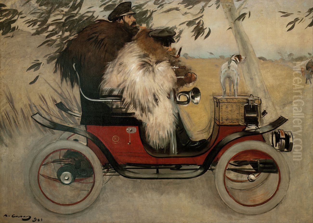 Ramon Casas and Pere Romeu in an Automobile Oil Painting by Ramon Casas