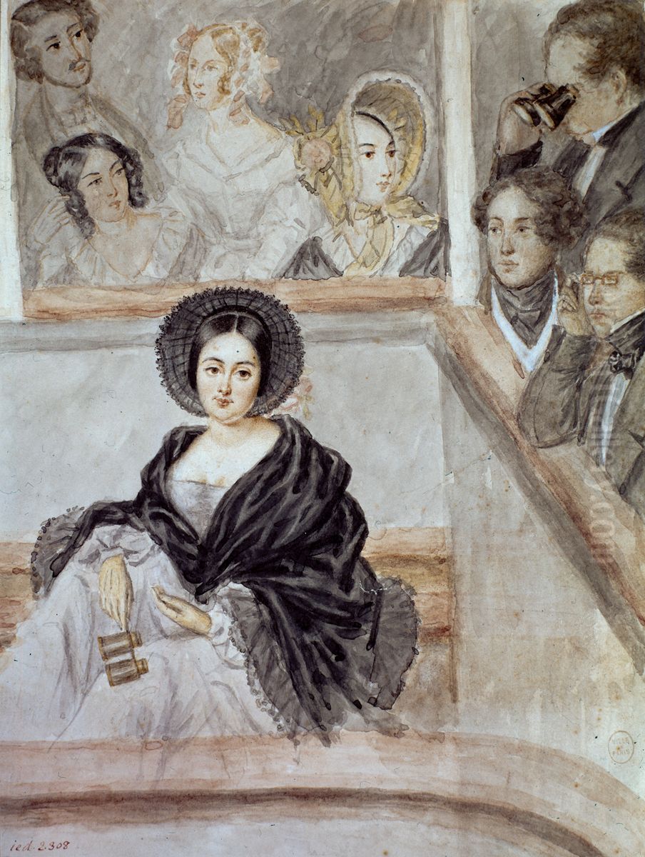 Portrait d'Alphonsine dite Marie Duplessis (la Dame aux Camelias), assise au balcon d'un theatre Oil Painting by Camille Roqueplan