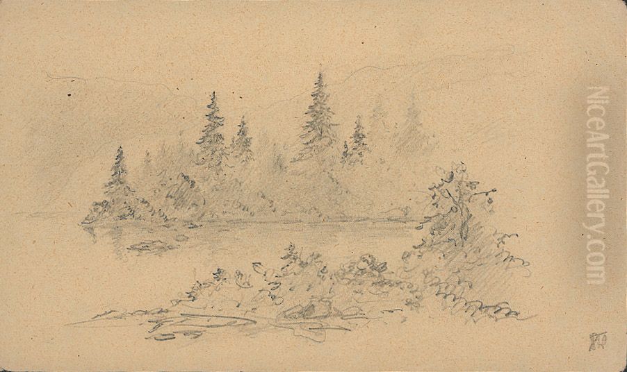 Grantraer ved vann Oil Painting by Theodor Kielland-Torkildsen