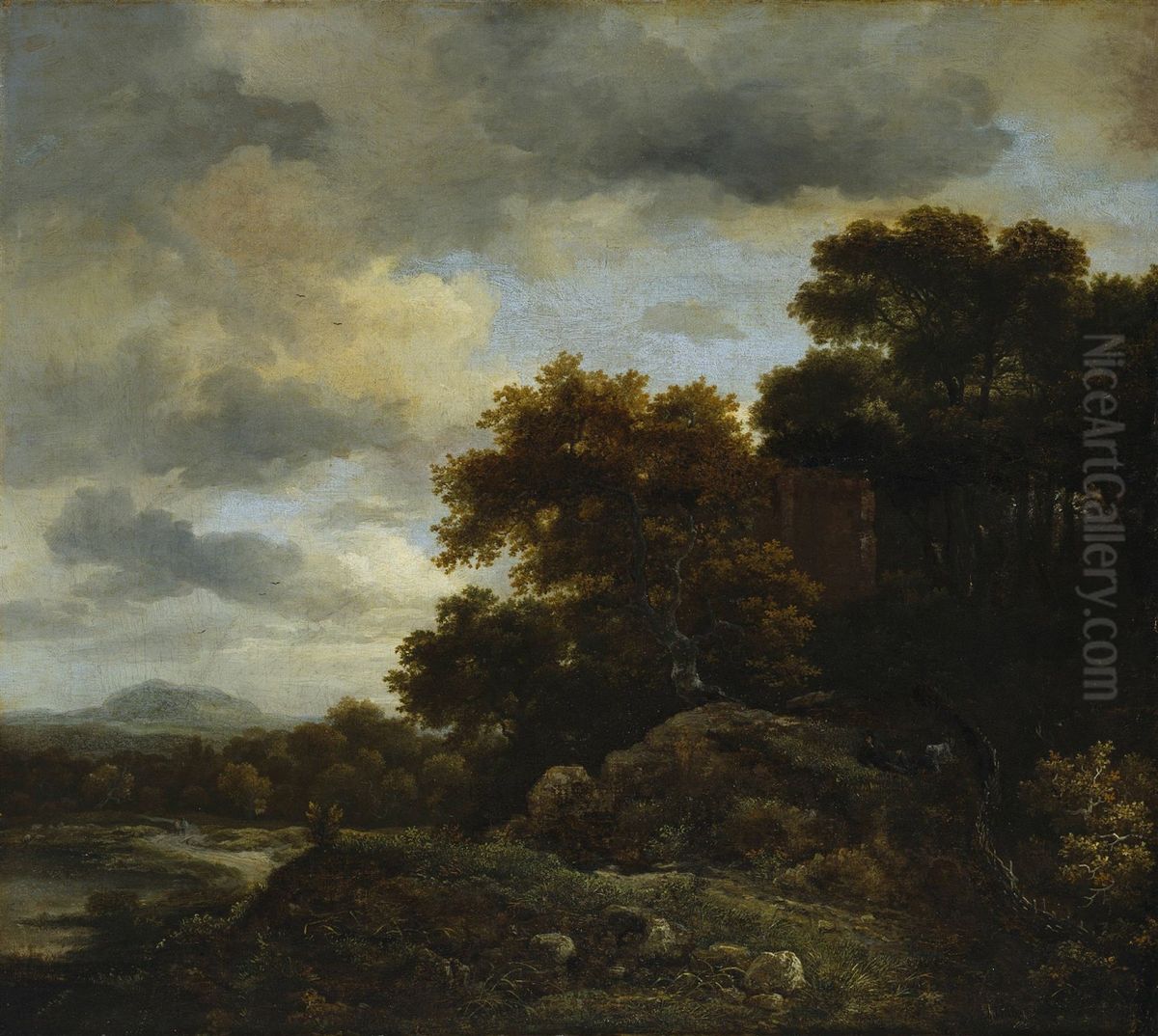 Landscape with Wooded Hill Oil Painting by Jacob Van Ruisdael