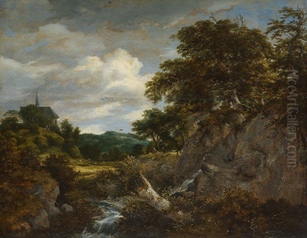 Hilly landscape with a chapel Oil Painting by Jacob Van Ruisdael