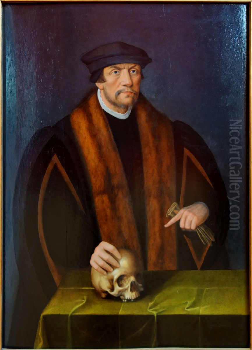 Portrait d'homme avec la main droite posee sur un crane Oil Painting by Cologne