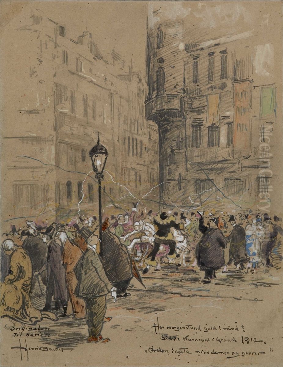 Karl Johans gate en sen nattetime etter karneval pa Grand Hotell Oil Painting by Henrik Backer