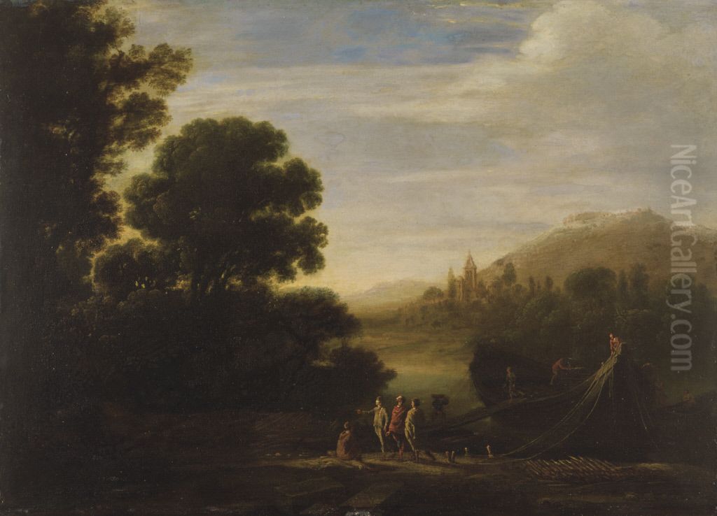 Loading Timber in the Golden Glow of Evening Oil Painting by Claude Lorrain (Claude Gellee)