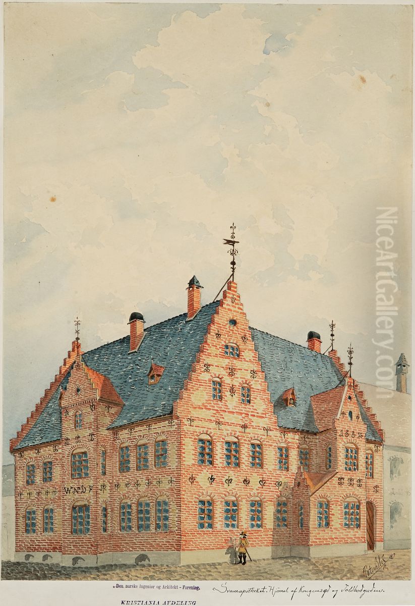 Svaneapoteket, hjornet Tollbugt. 21 - Kongensgt. Oil Painting by Peter Andreas Blix
