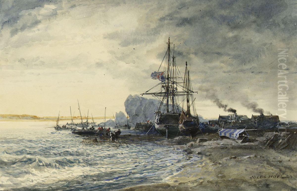 Fishing boats on the seashore Oil Painting by Jules Achille Noel