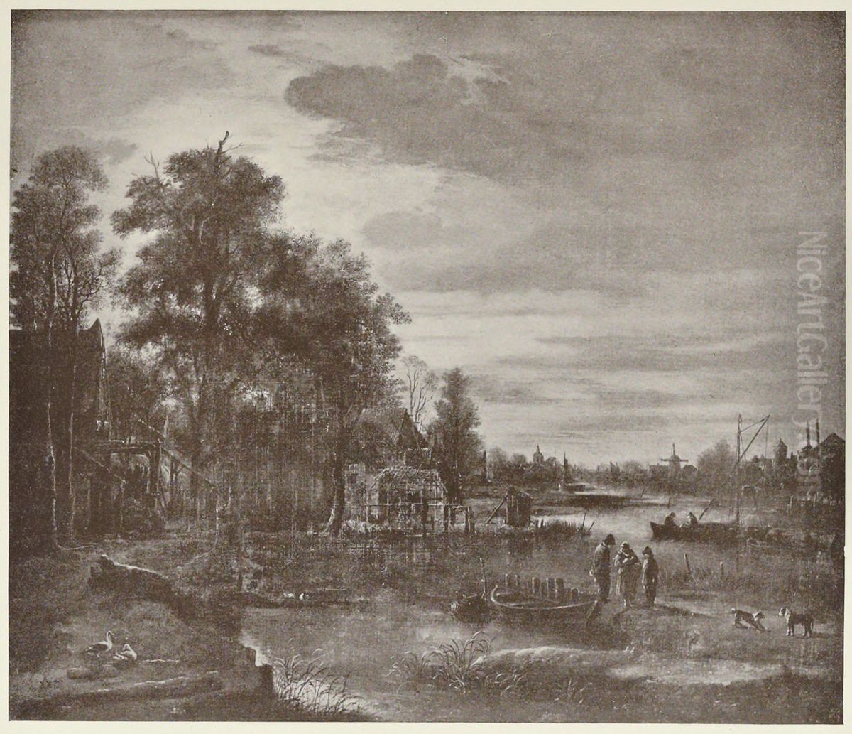 Moonlight River landscape with figures Oil Painting by Aert van der Neer