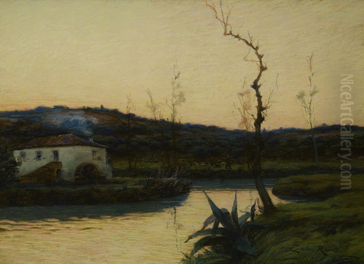 Landscape of the Almonda River, Torres Novas, Portugal Oil Painting by Carlos Reis